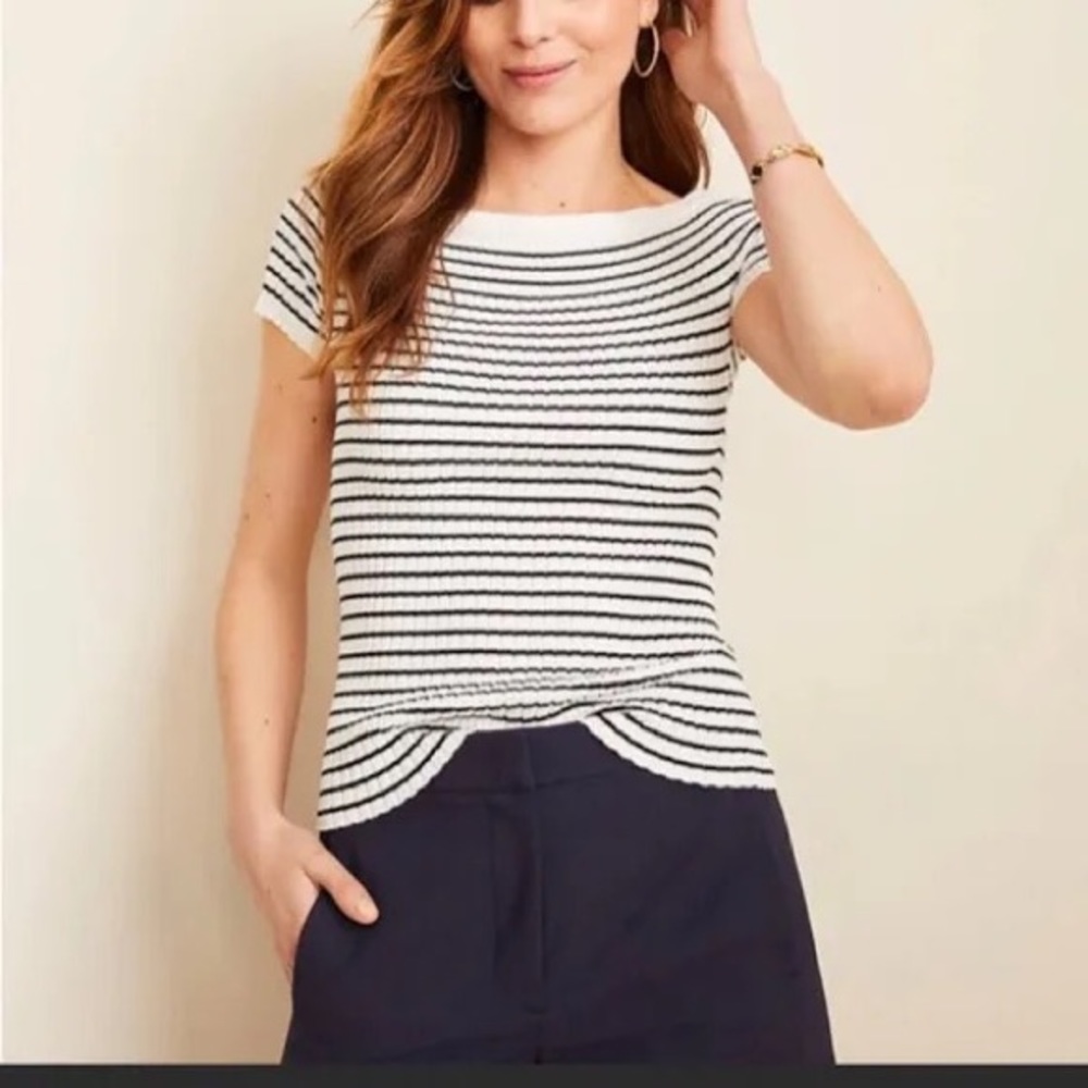 Ann Taylor Ribbed Off-Shoulder Top White and Black Small